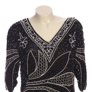 Vintage Black Embellished Beaded V Neck Silk Top